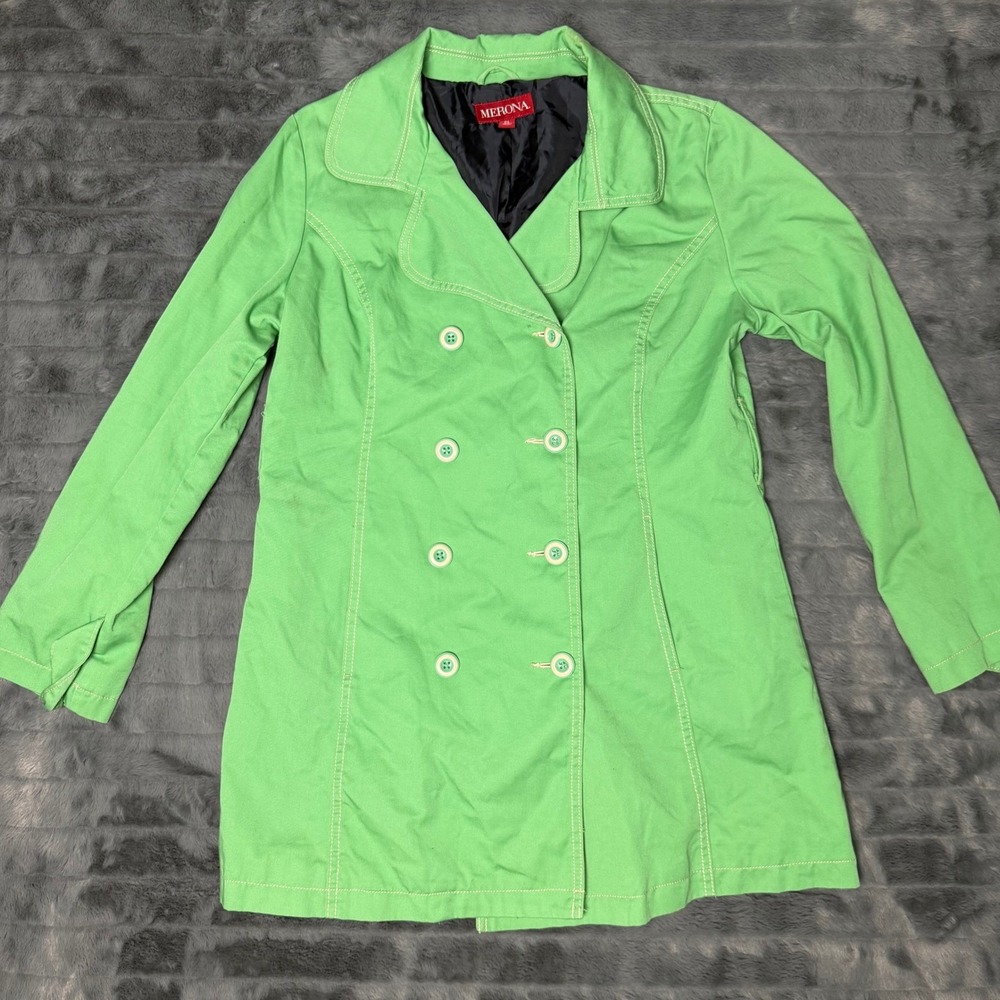 Merona Womens Lime Green Double Breasted Trench Coat Jacket XL RN17730